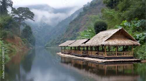 Misty Mountain River Scene with Bamboo Raft Houses