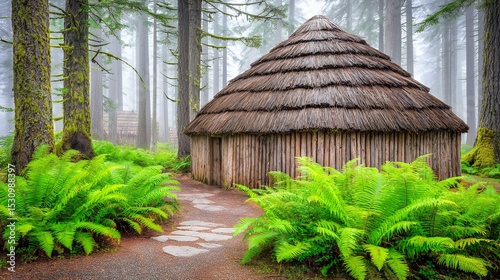 Mist Shrouds Thatched Hut in Lush Green Forest