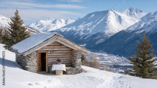 Picturesque Snowy Mountain Cabin Landscape