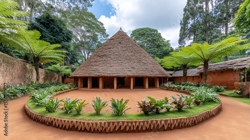 Traditional African Hut with Thatched Roof and Clay Walls in a Lush Green Courtyard