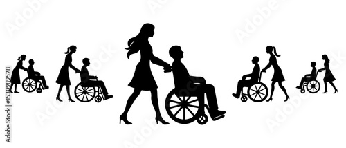 Women Pushing Wheelchair Of Patient Silhouette Black Filled - Vector Illustration Icon.