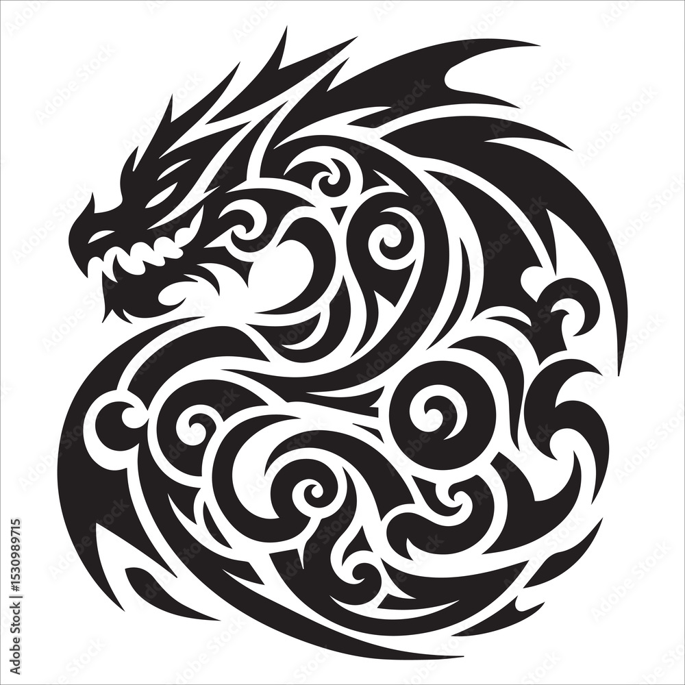 Obraz premium Tribal Dragon Silhouette Vector,Illustration of a round dragon on a white background,A black dragon vector illustration shows a tribal animal silhouette, perfect as a tattoo design or fantasy art elem