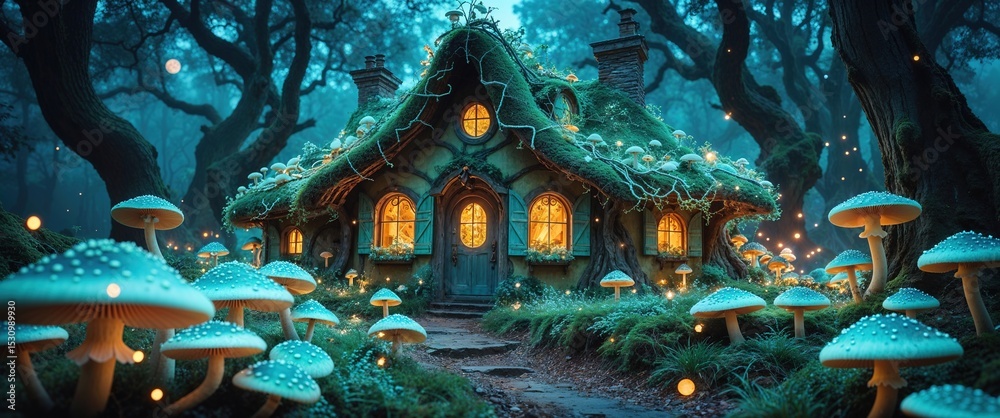 Fototapeta premium A whimsical cottage nestled in a lush, enchanted forest during twilight. Glowing mushrooms illuminate the surroundings, creating a magical atmosphere filled with wonder