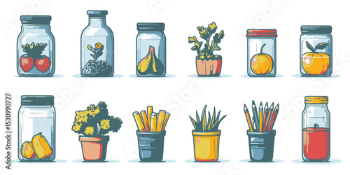 Minimalist flat vector illustration icon set featuring jars and plants in a simple, isolated design suitable for various applications and projects