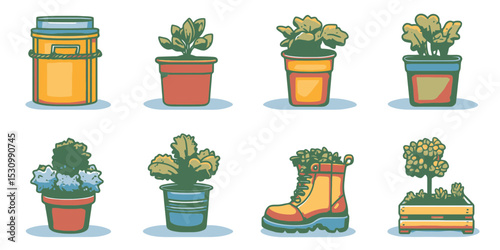 Collection of minimalist flat vector illustrations showcasing gardening tools and plants in pots, emphasizing nature and cultivation