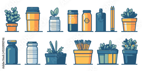 Minimalist flat vector icons of plants and containers, ideal for design projects and decor inspiration