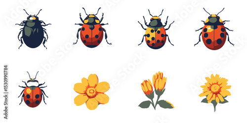 Vector illustration icon set featuring ladybugs and flowers in a minimalist and flat design style