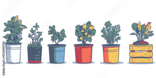 Minimalist flat vector illustration icon set of potted plants in various colors and styles for gardening enthusiasts