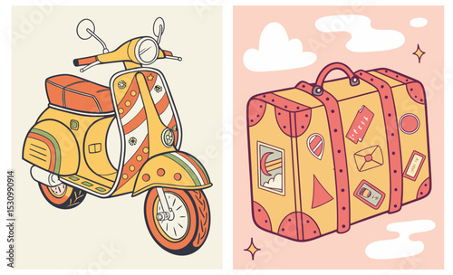 Set of two vector illustrations on the theme of travel: emodan with bright stickers, bright scooter, naive illustration, for adventure marketing and holiday promotions