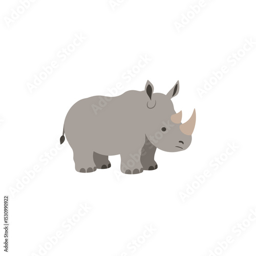 Stylized cartoon rhinoceros with gray hide and tan horn, posed against a white background
