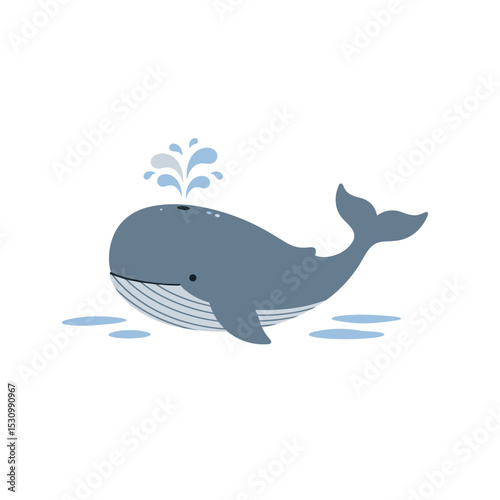 Gray whale exhaling water from blowhole; simplified, stylized, flat vector illustration