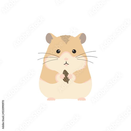 A tan hamster illustration holds a seed, looking forward on a white background