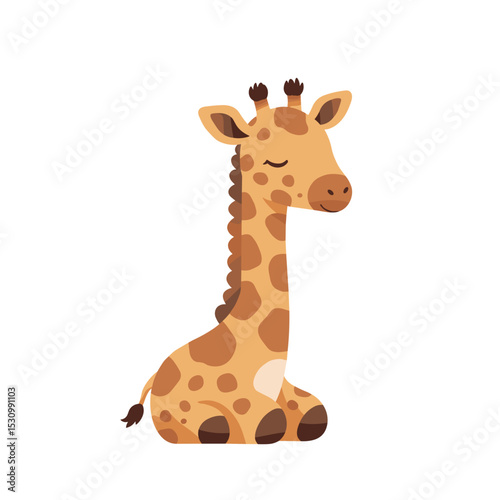 A cartoon giraffe with closed eyes, spots and two small horns on a plain, white background