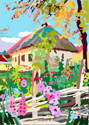 ukrainian landscape. house with flowers