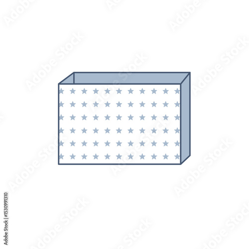Starry box.
Description Rectangular box decorated with a star pattern. The open top is light blue
