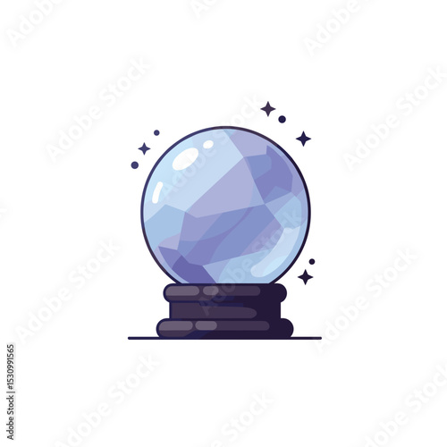An illustrative cartoon crystal ball on a stand surrounded by sparkling stars on a white background