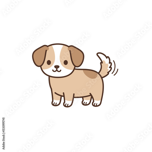 Adorable tan puppy with a happy smile and a wagging tail against a plain white background