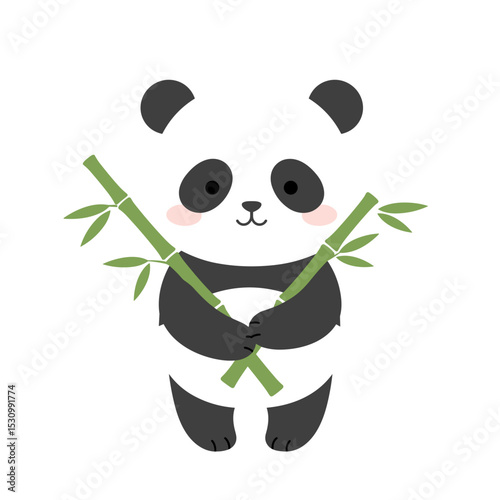 Cute cartoon panda with bamboo stalks, black & white fur, and pink cheeks on a white background