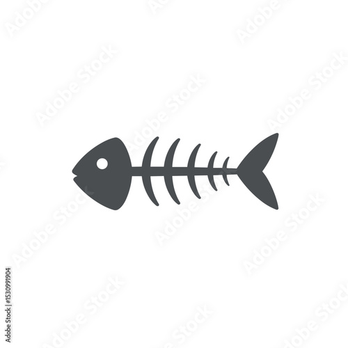 Simple monochrome fish skeleton graphic with visible head, bones, and tail against white