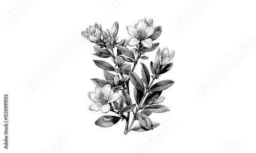 Engraving of Darwinia Macrostegia Flowering Branch, Vintage Vector Illustration, Botanical Art, Nature Design, Organic Floral, Hand-drawn Illustration, Fine Art Print.