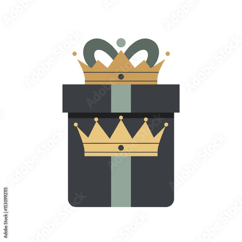 Stacked gift boxes adorned with regal crowns and a simple ribbon in muted, regal colors
