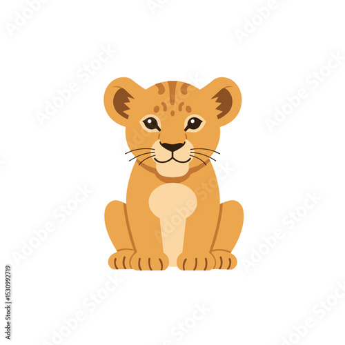 Illustrated cartoon lion cub with spots and whiskers, against a plain white background