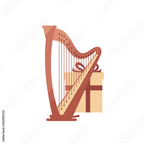 Stylized harp sits atop a wrapped gift with a ribbon against a white background