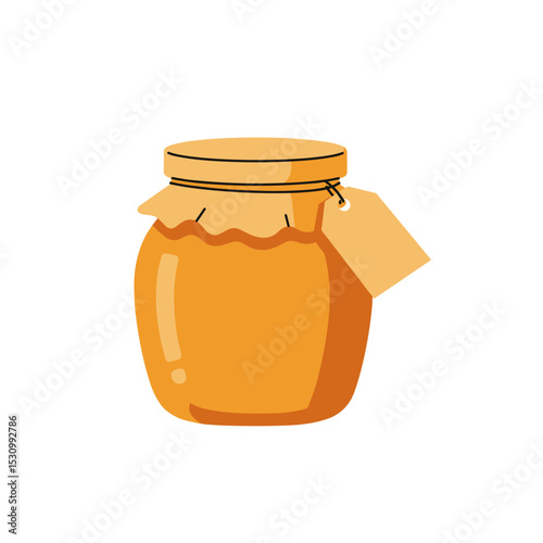 Jar with a tag holds a yellow liquid, sealed with tan cloth and round lid on a white background