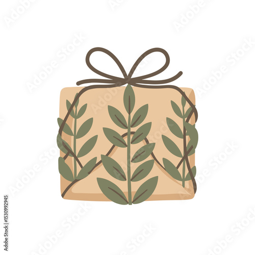 Illustration of a gift wrapped in kraft paper with olive branch details and tied with brown string