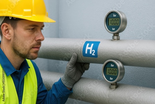 Worker Monitors Hydrogen Gas Pressure with Gauge in Industrial Facility Environment