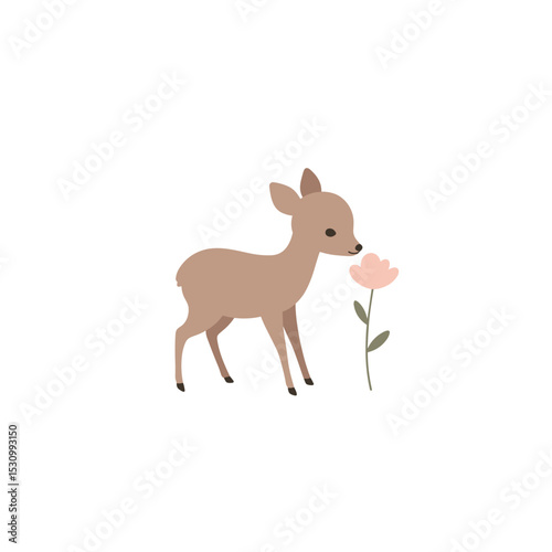 A simplistic cartoon of a fawn smelling a pale pink flower against a blank white background