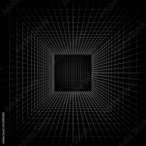 Futuristic perspective grid box. Abstract wireframe with white grid line on black background. Virtual reality landscape in 80s 90s digital style. Vector illustration.