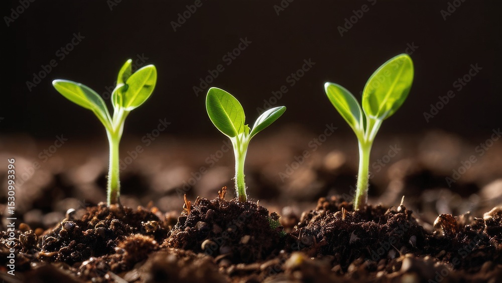 Fototapeta premium Three Young Green Seedlings Growing in Rich Soil Nature's Rebirth and New Beginnings