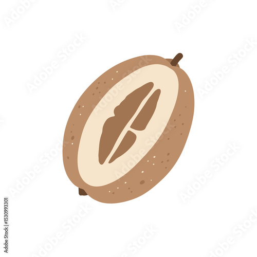 Stylized halved fruit illustration, showing brown exterior and inner core, on a stark white background