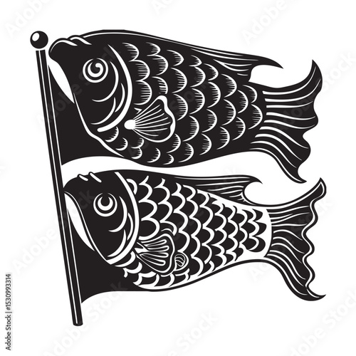silhouette japanese carp streamer koinobori on the white background