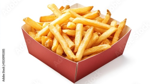 Golden french fries in a red box