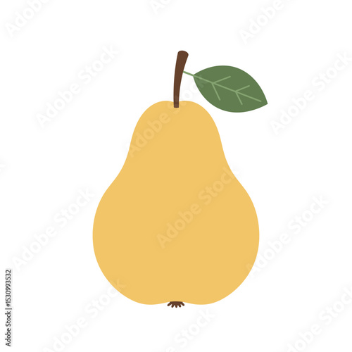 Stylized illustration of a yellow pear with green leaf and brown stem on a white background