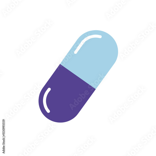 Half-purple/half-blue medical capsule floating diagonally on a white background, health/medicine related