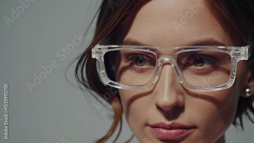 Young Caucasian Female Wearing Stylish Clear Glasses Close-Up                                        