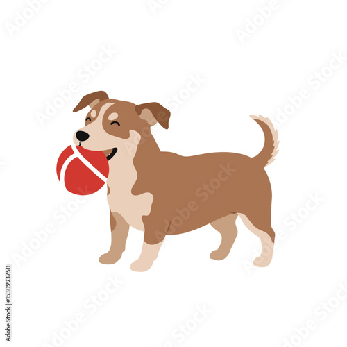 Cartoon of a happy tan dog carrying a red ball with white lines in its mouth on a white background