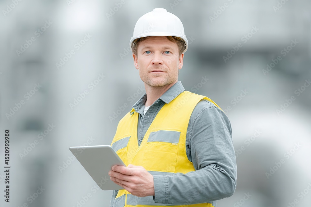 Fototapeta premium Construction worker wearing a yellow safety vest and white helmet, holding a tablet and looking confidently ahead at a building site.
