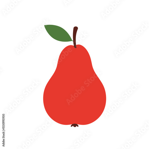 Simplified illustration of a red pear with a green leaf and brown stem on a white background