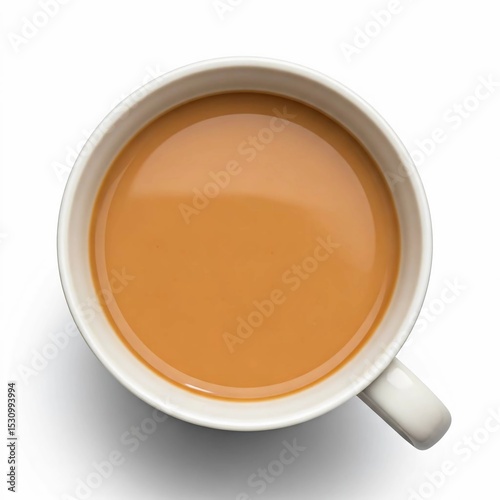  White ceramic cup filled with milk tea chai soft warm color top down view on white.