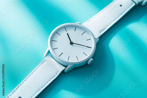 Minimalist white Wristwatch with white clock face with white Leather Strap on a light blue Background, Product photography