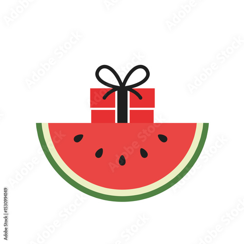 Minimalist image of red gift box with bow atop a slice of watermelon against a crisp white background