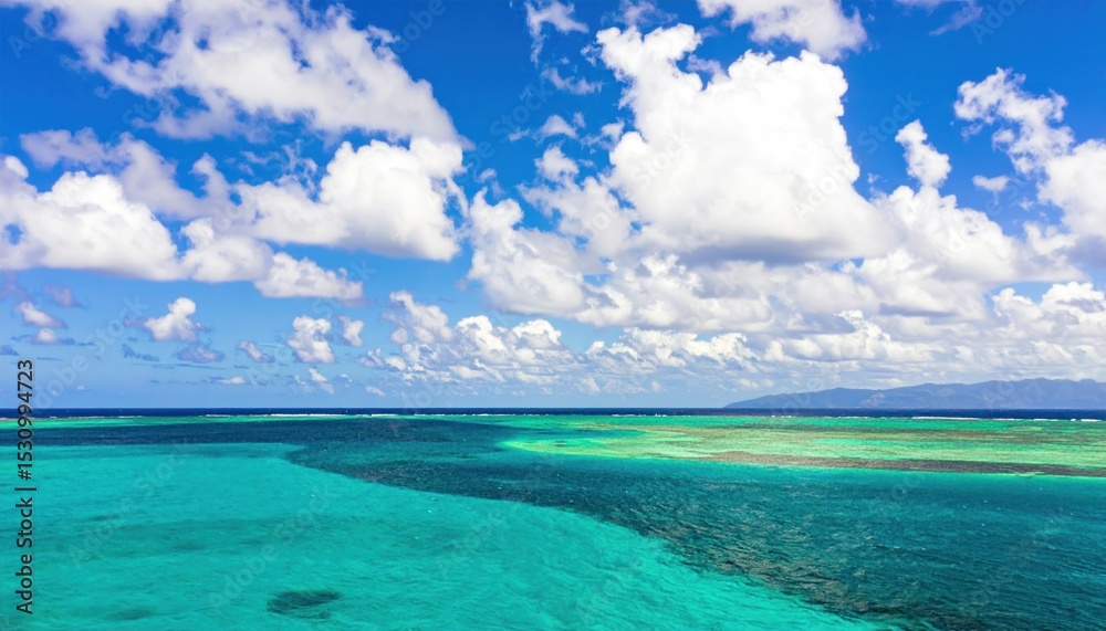 Fototapeta premium Breathtaking caribbean turquoise waterscape under a vibrant blue sky filled with fluffy clouds