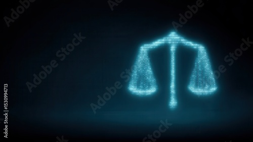 A glowing digital scale of justice made up of binary code floats on a dark background, symbolizing law, fairness, and technology.