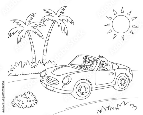 Black and White Line Art Coloring Page Two Kids Driving Convertible Car Palm Trees Sunny Day Letter Paper Size 85x11 Inches