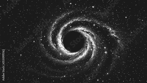 Amazing huge massive black hole surrounded by a cosmic nebula. Gravitational pull of the universe in a cosmic cloud storm of light and shadows. Dotwork. Pointillism. Dots shading. Vector illustration