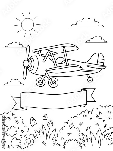 Black and White Line Art Drawing of a Biplane Flying Over Grass and Flowers with a Banner Below Letter Paper Size 85x11 inches Kids Coloring Page
